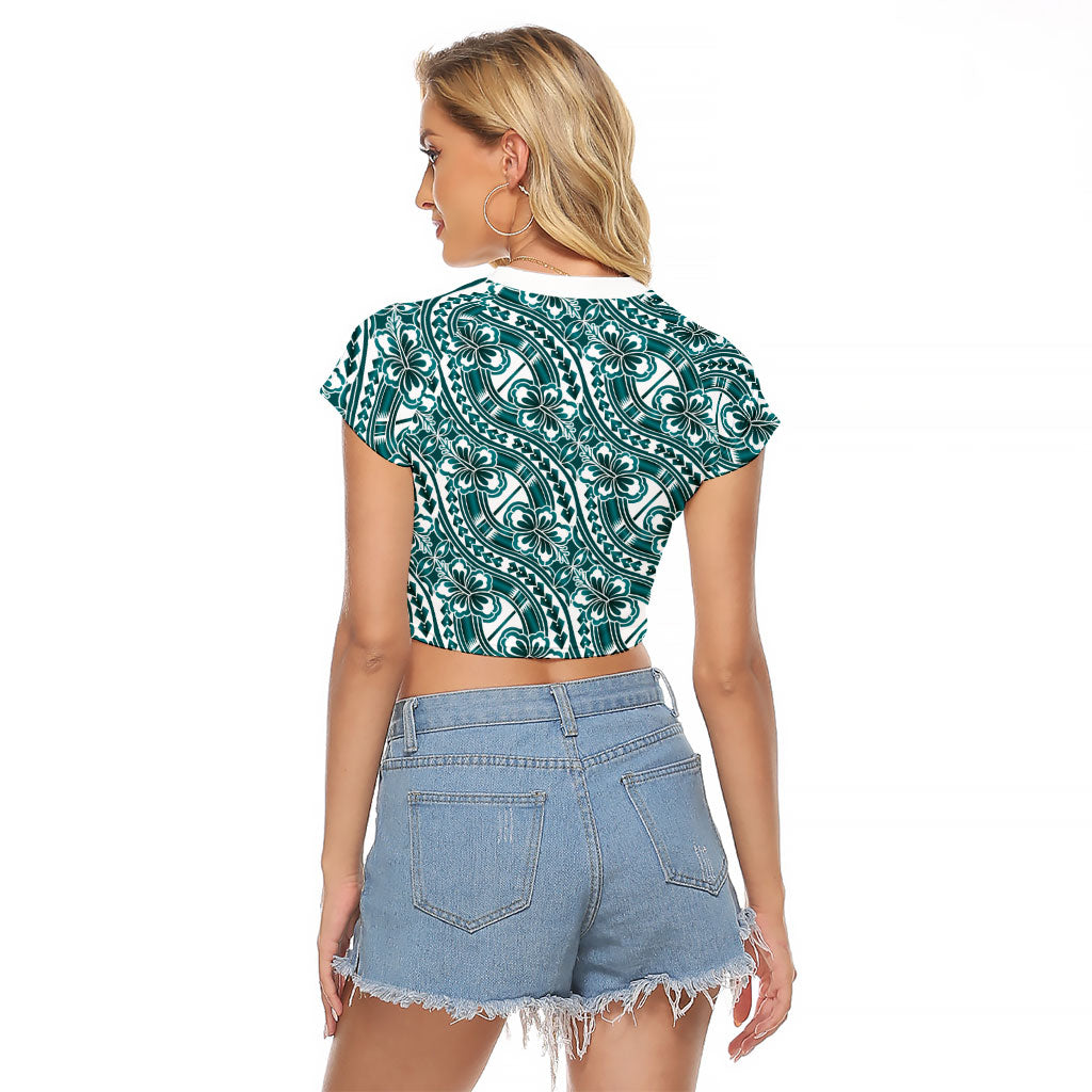 Hibiscus Bloom Island Tribal Waves Raglan Cropped T Shirt Teal Polynesian Pattern LT01 - Polynesian Pride