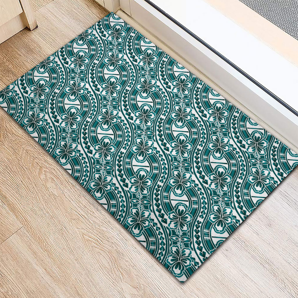 Hibiscus Bloom Island Tribal Waves Rubber Doormat Teal Polynesian Pattern LT01 - Polynesian Pride