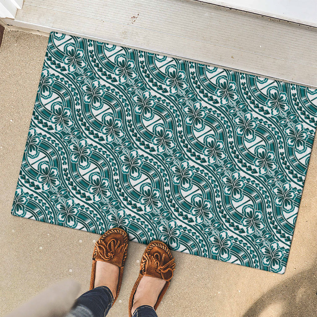 Hibiscus Bloom Island Tribal Waves Rubber Doormat Teal Polynesian Pattern LT01 - Polynesian Pride