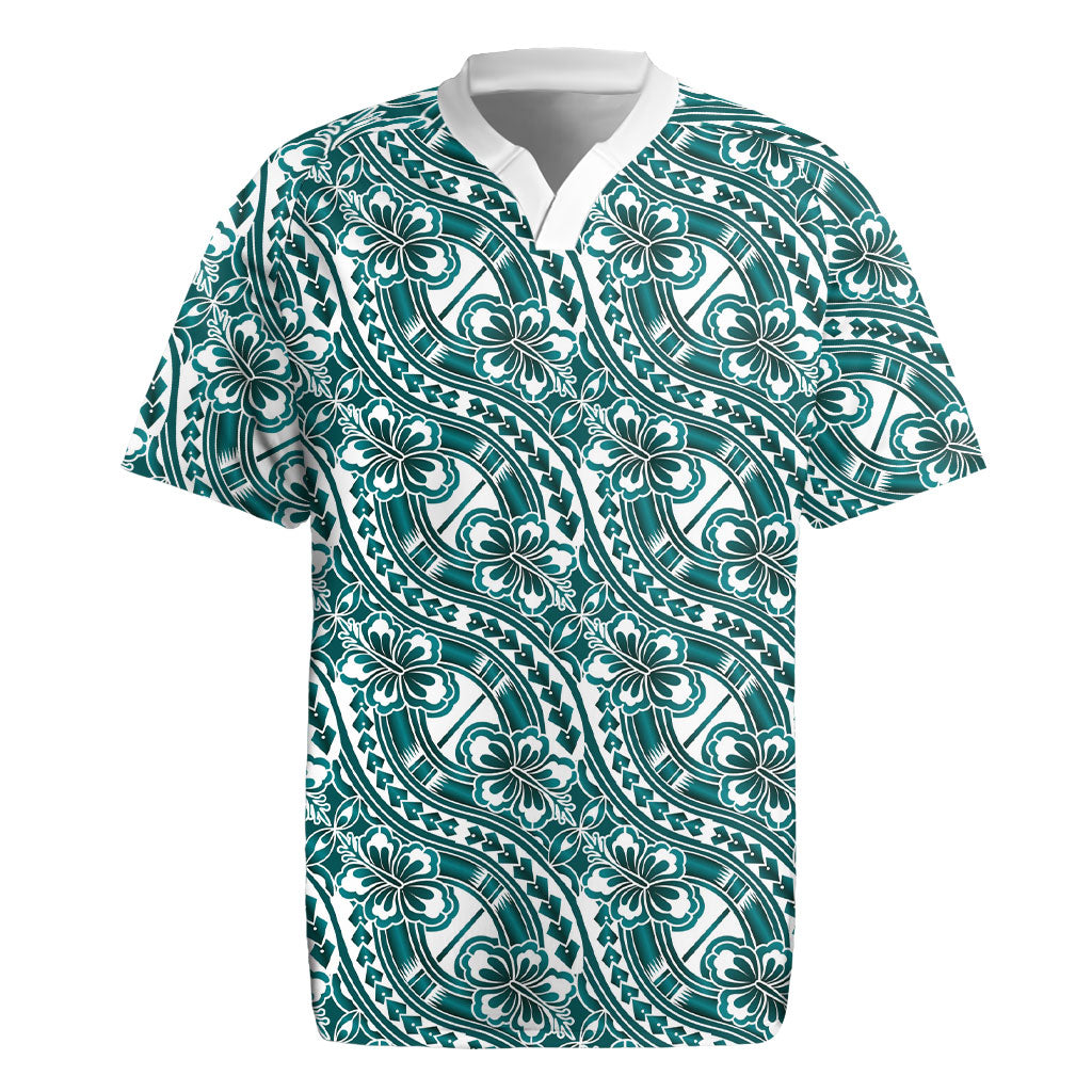 Hibiscus Bloom Island Tribal Waves Rugby Jersey Teal Polynesian Pattern LT01 Teal - Polynesian Pride