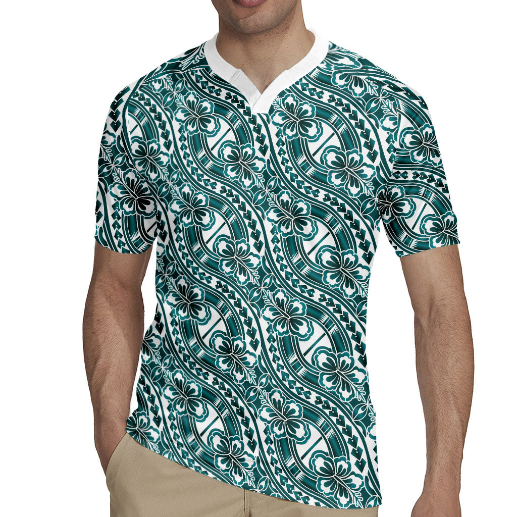 Hibiscus Bloom Island Tribal Waves Rugby Jersey Teal Polynesian Pattern LT01 - Polynesian Pride