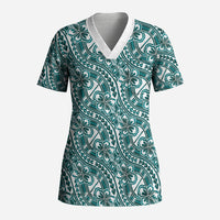 Hibiscus Bloom Island Tribal Waves Scrub Top Teal Polynesian Pattern LT01 Adult Teal - Polynesian Pride
