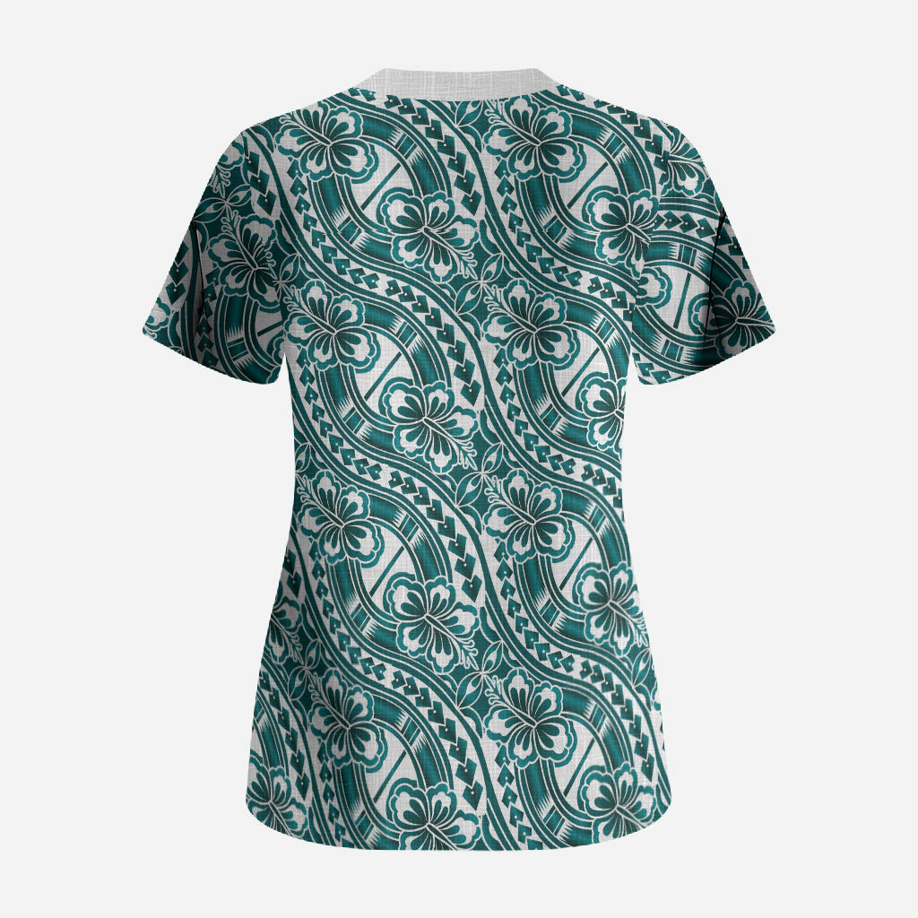 Hibiscus Bloom Island Tribal Waves Scrub Top Teal Polynesian Pattern LT01 - Polynesian Pride