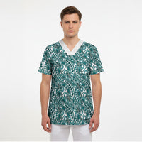 Hibiscus Bloom Island Tribal Waves Scrub Top Teal Polynesian Pattern LT01 - Polynesian Pride