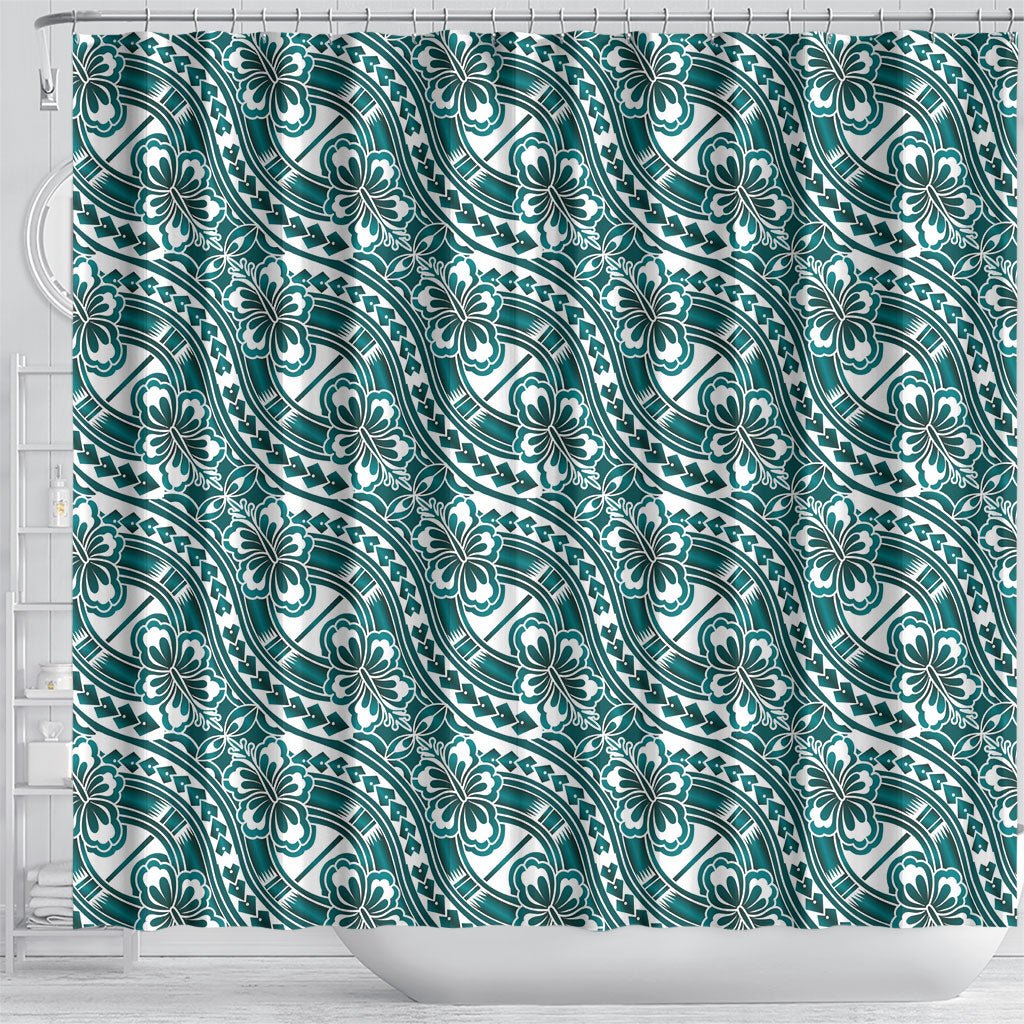 Hibiscus Bloom Island Tribal Waves Shower Curtain Teal Polynesian Pattern LT01 - Polynesian Pride