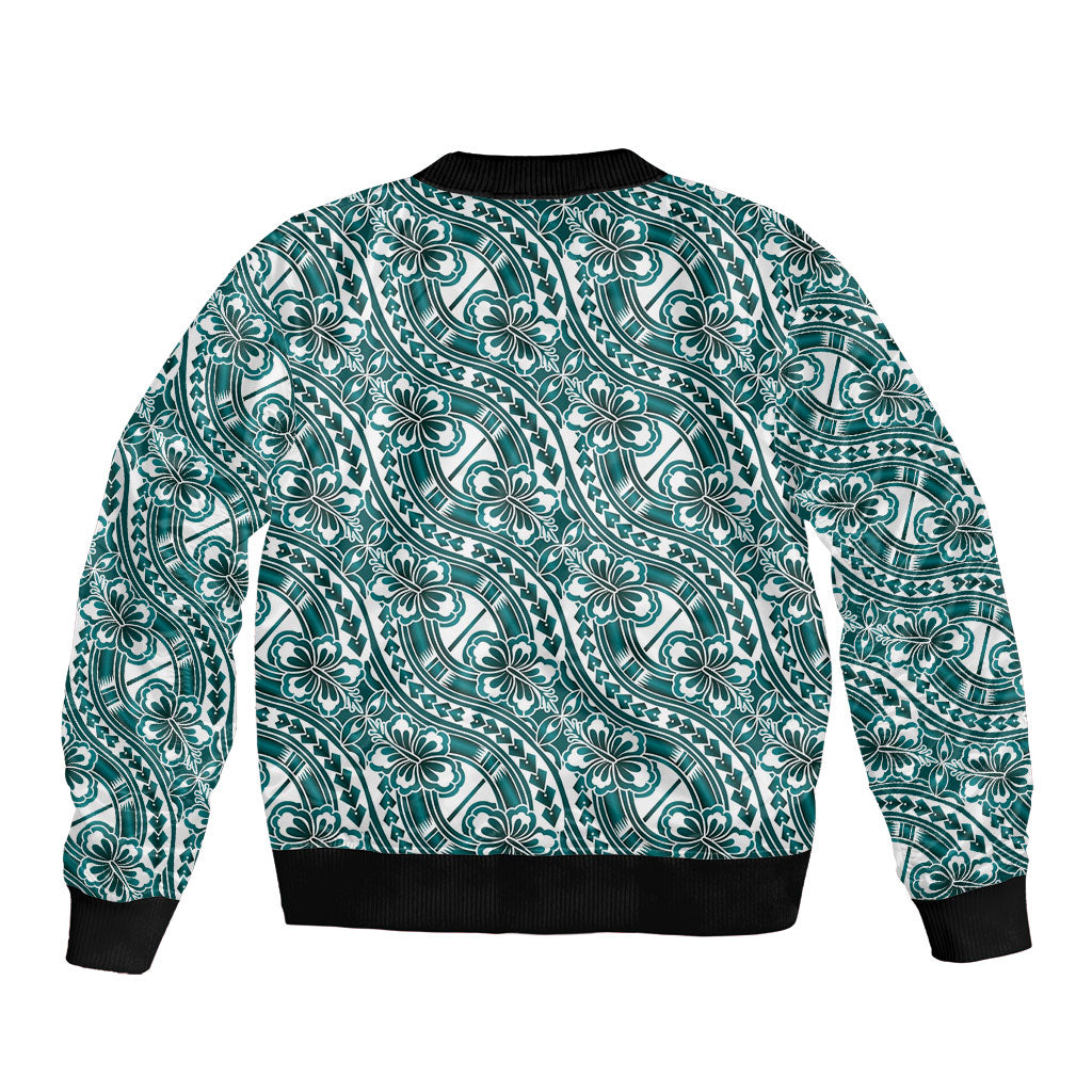 Hibiscus Bloom Island Tribal Waves Sleeve Zip Bomber Jacket Teal Polynesian Pattern LT01 - Polynesian Pride