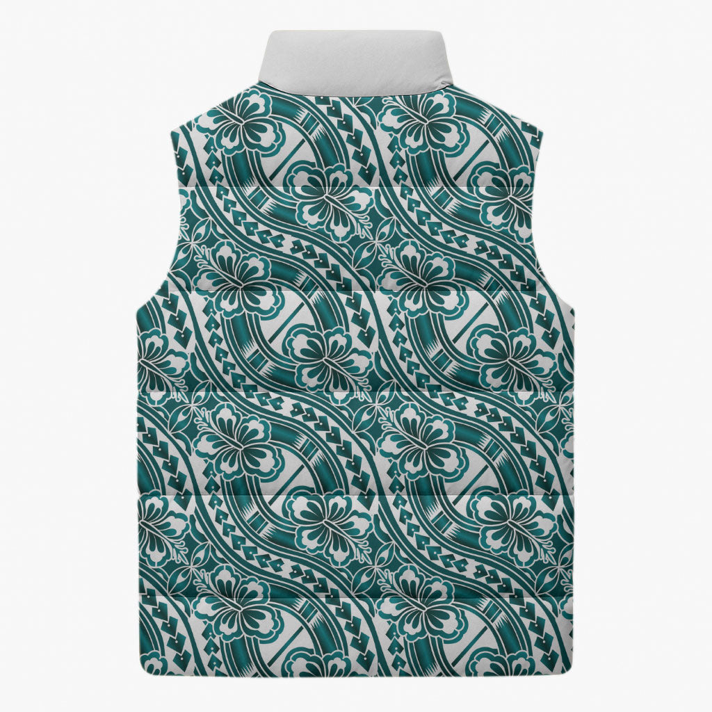 Hibiscus Bloom Island Tribal Waves Sleeveless Puffer Jacket Teal Polynesian Pattern LT01 - Polynesian Pride