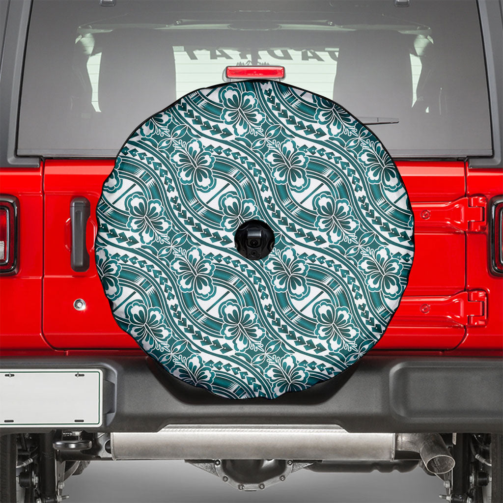 Hibiscus Bloom Island Tribal Waves Spare Tire Cover Teal Polynesian Pattern LT01 - Polynesian Pride