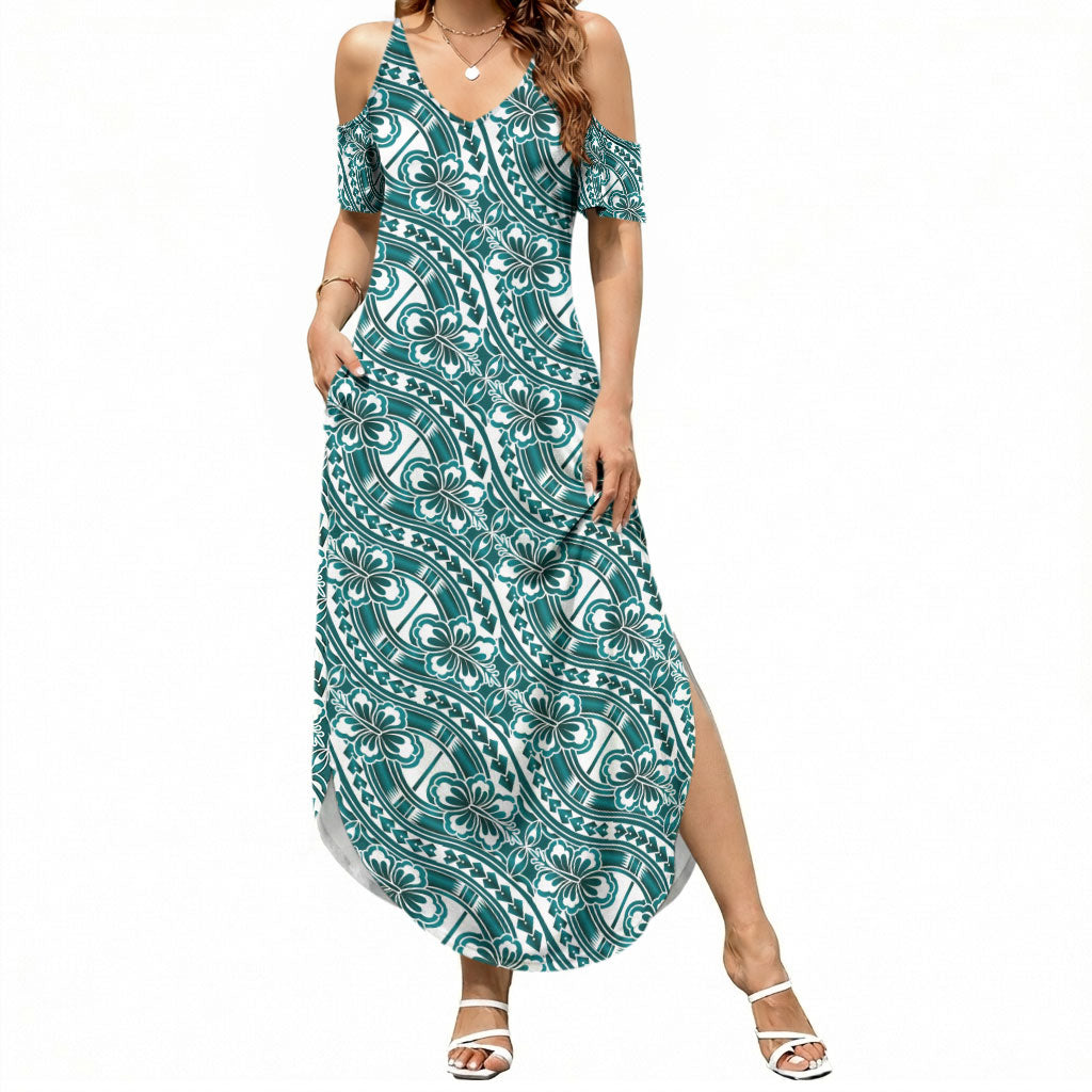 Hibiscus Bloom Island Tribal Waves Summer Maxi Dress Teal Polynesian Pattern LT01 Women Teal - Polynesian Pride