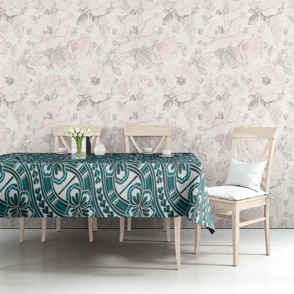 Hibiscus Bloom Island Tribal Waves Tablecloth Teal Polynesian Pattern LT01 - Polynesian Pride