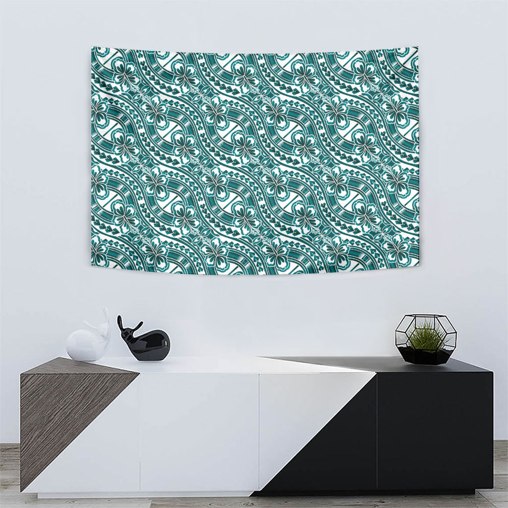 Hibiscus Bloom Island Tribal Waves Tapestry Teal Polynesian Pattern LT01 - Polynesian Pride