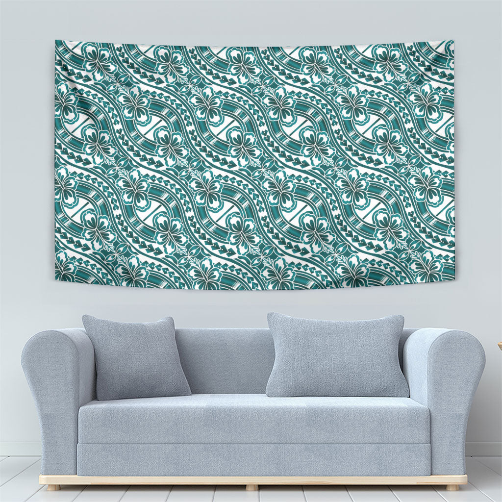 Hibiscus Bloom Island Tribal Waves Tapestry Teal Polynesian Pattern LT01 - Polynesian Pride