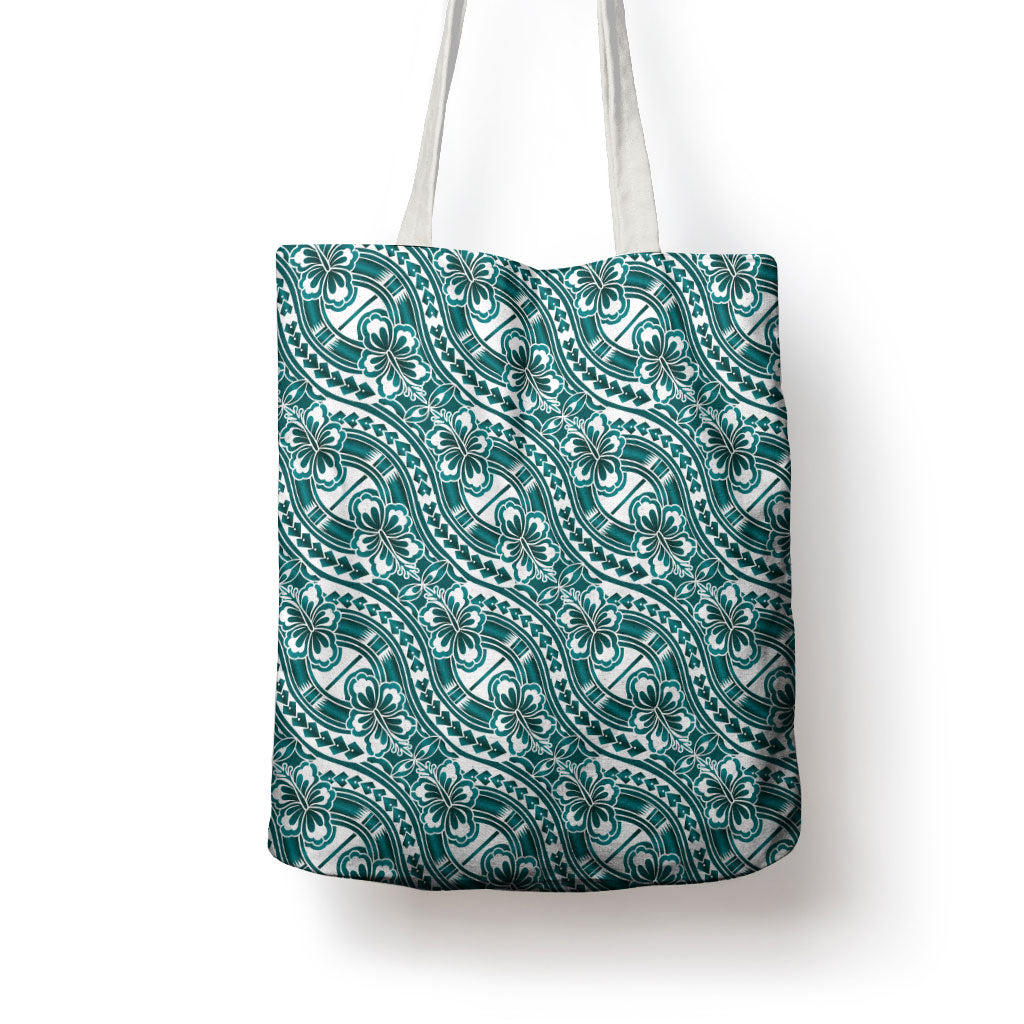 Hibiscus Bloom Island Tribal Waves Tote Bag Teal Polynesian Pattern LT01 - Polynesian Pride