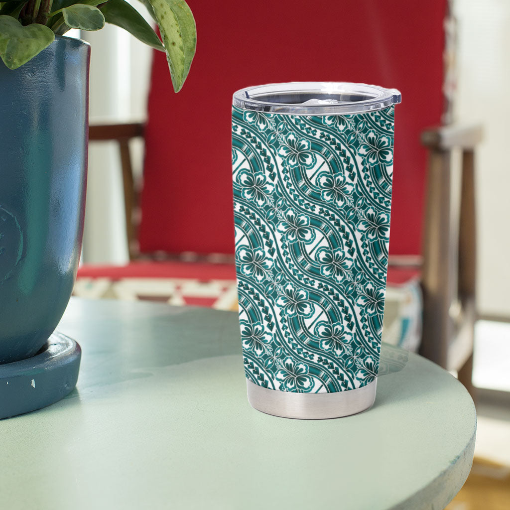 Hibiscus Bloom Island Tribal Waves Tumbler Cup Teal Polynesian Pattern LT01 - Polynesian Pride