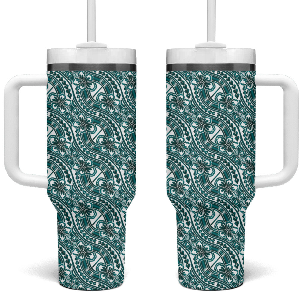 Hibiscus Bloom Island Tribal Waves Tumbler With Handle Teal Polynesian Pattern LT01 One Size: 40 oz Teal - Polynesian Pride