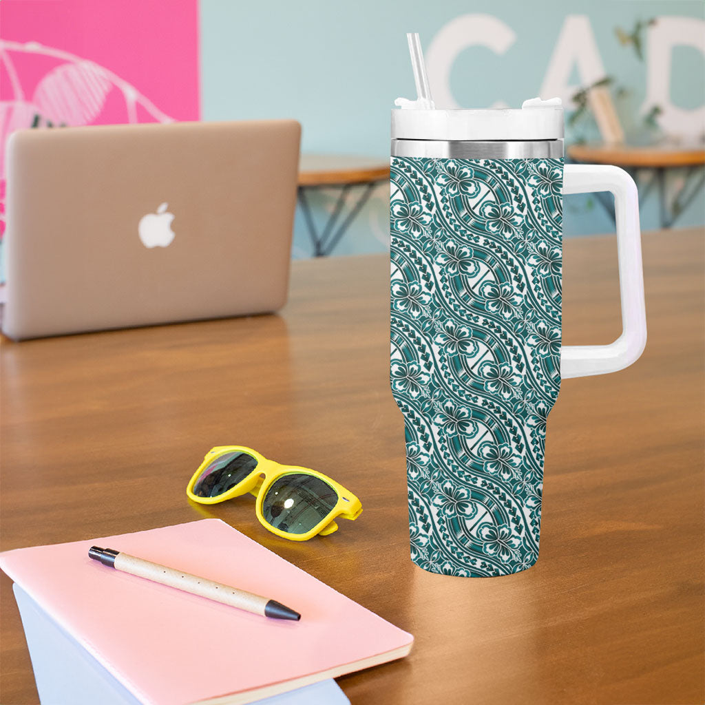 Hibiscus Bloom Island Tribal Waves Tumbler With Handle Teal Polynesian Pattern LT01 - Polynesian Pride