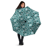 Hibiscus Bloom Island Tribal Waves Umbrella Teal Polynesian Pattern LT01 - Polynesian Pride