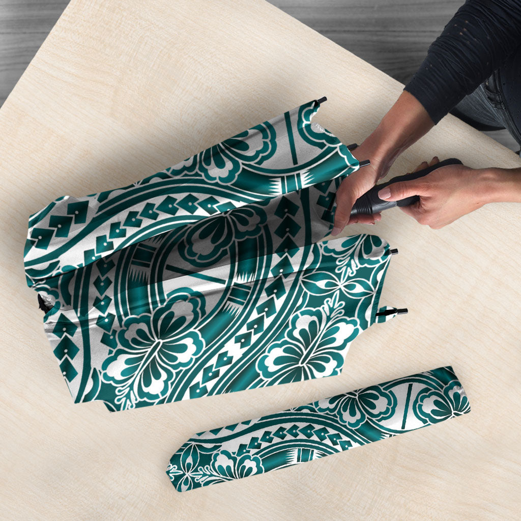 Hibiscus Bloom Island Tribal Waves Umbrella Teal Polynesian Pattern LT01 - Polynesian Pride