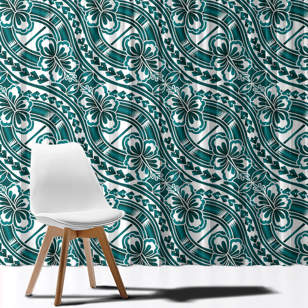 Hibiscus Bloom Island Tribal Waves Window Curtain Teal Polynesian Pattern LT01 - Polynesian Pride
