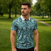 Hibiscus Bloom Island Tribal Waves Zipper Polo Shirt Teal Polynesian Pattern LT01 - Polynesian Pride