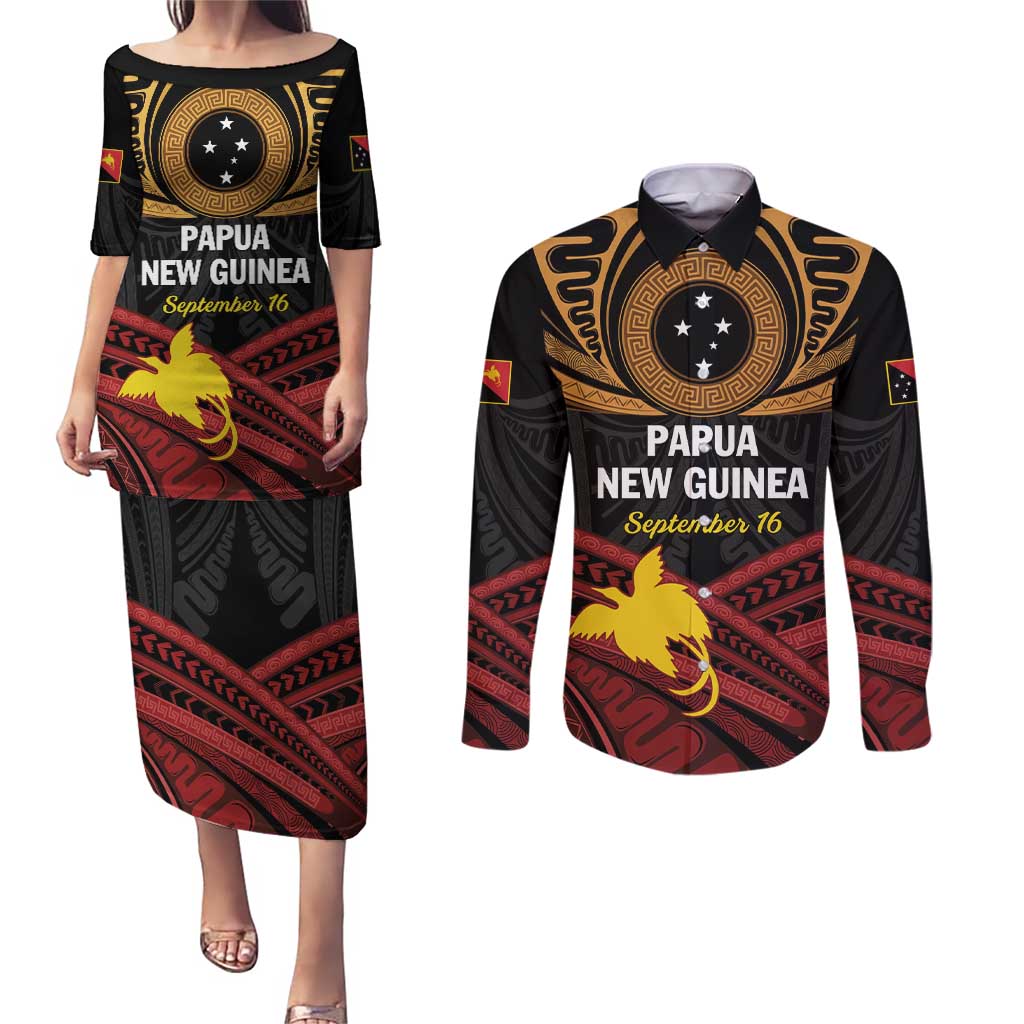 Papua New Guinea Bird of Paradise Couples Matching Puletasi and Long Sleeve Button Shirt 16 September 1975 Independence Day Anniversary