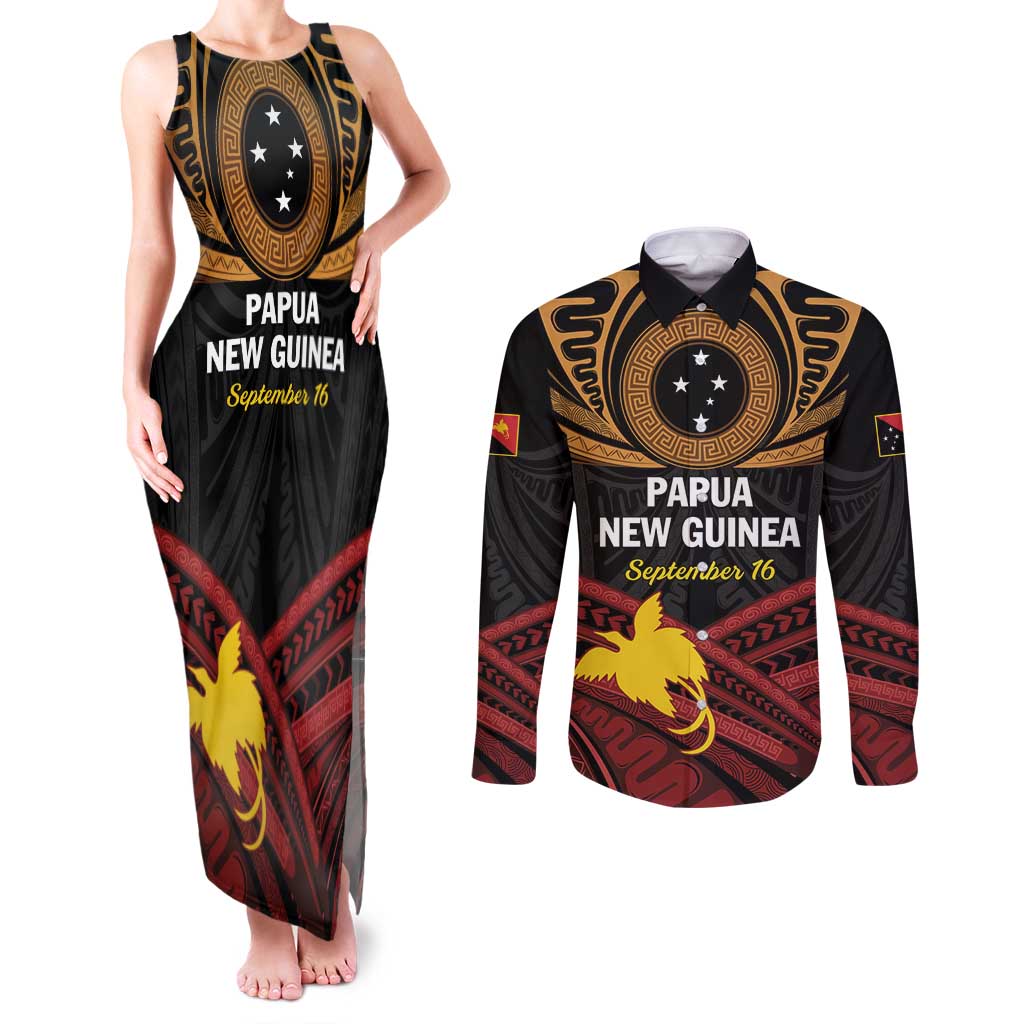 Papua New Guinea Bird of Paradise Couples Matching Tank Maxi Dress and Long Sleeve Button Shirt 16 September 1975 Independence Day Anniversary