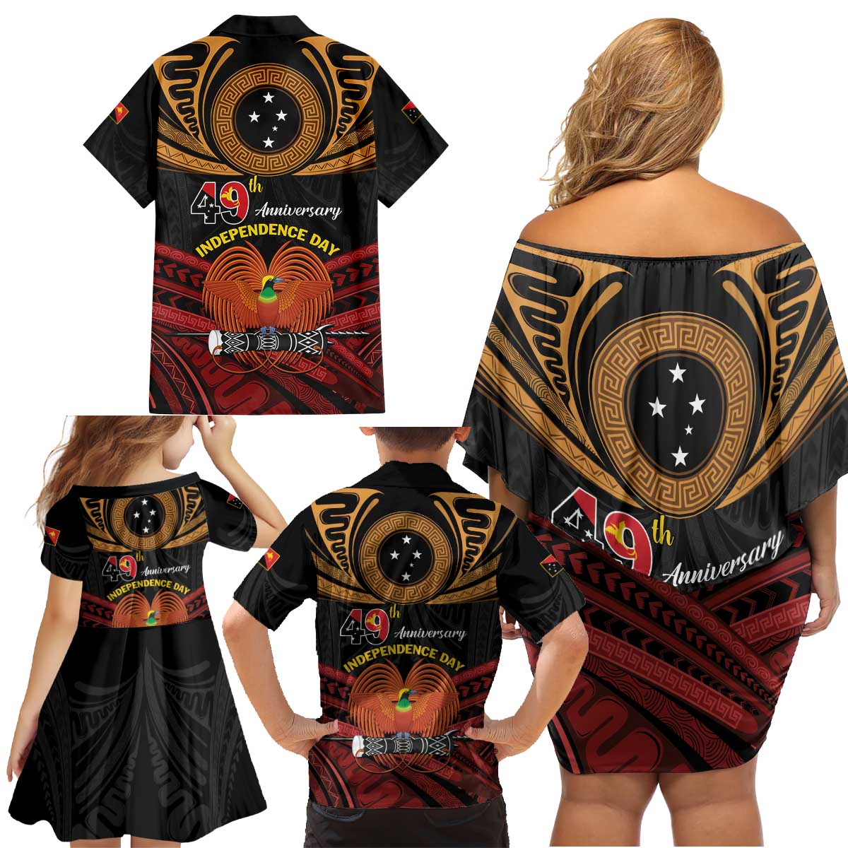 Papua New Guinea Bird of Paradise Family Matching Off Shoulder Short Dress and Hawaiian Shirt 16 September 1975 Independence Day Anniversary