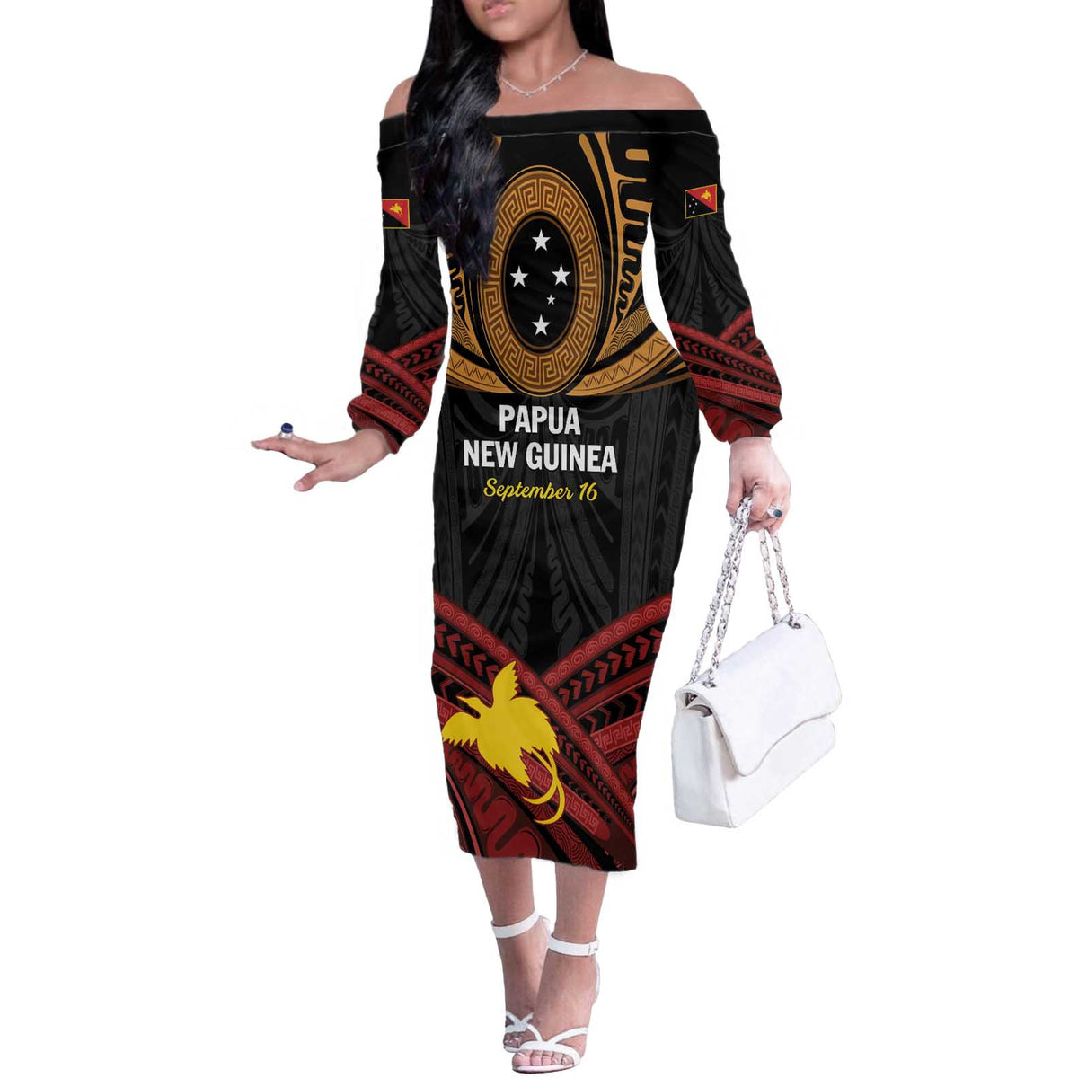 Papua New Guinea Bird of Paradise Off The Shoulder Long Sleeve Dress 16 September 1975 Independence Day Anniversary LT01 Women Black - Polynesian Pride