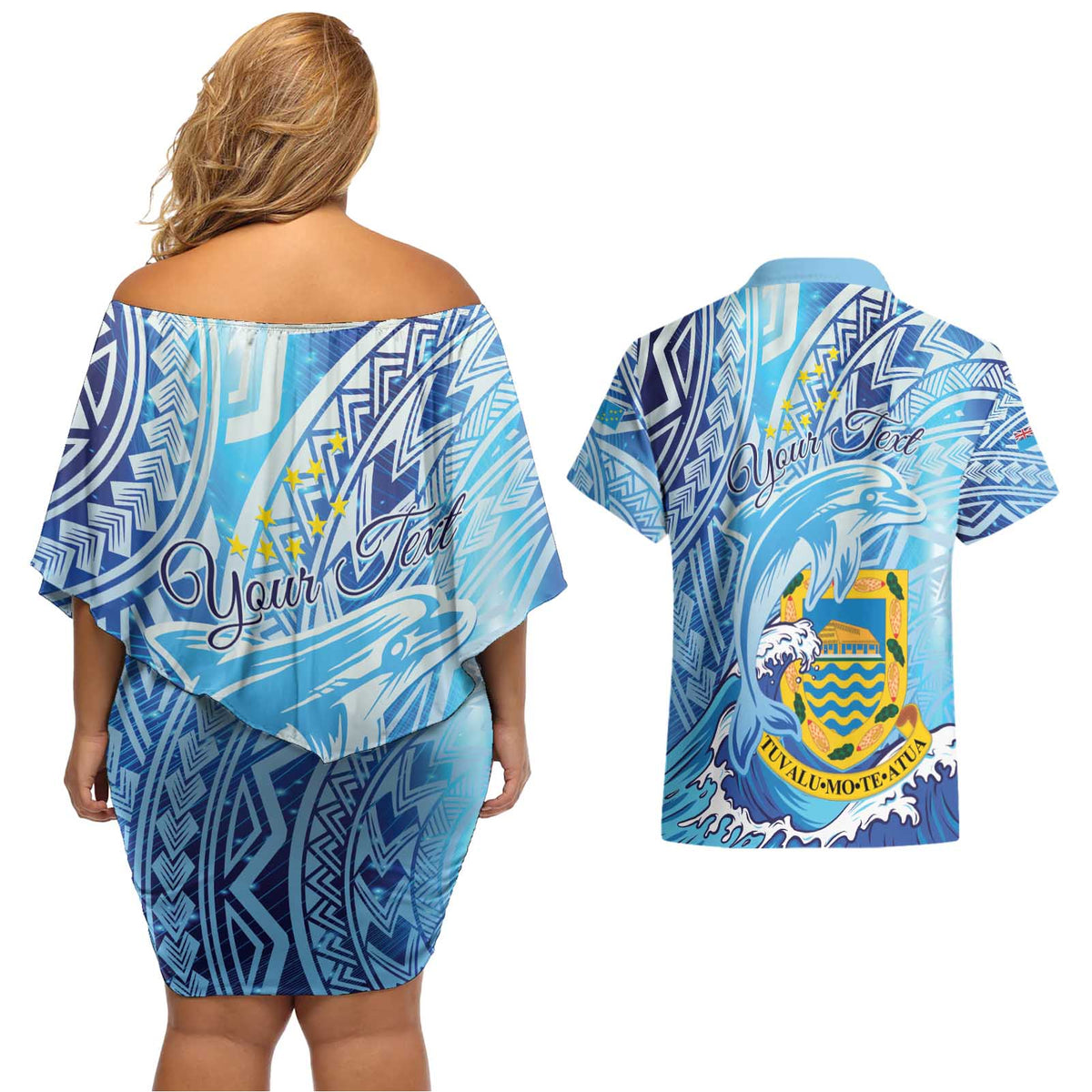 Tuvalu mo te Atua Couples Matching Off Shoulder Short Dress and Hawaiian Shirt Tuvalu Dolphin Polynesian Pattern