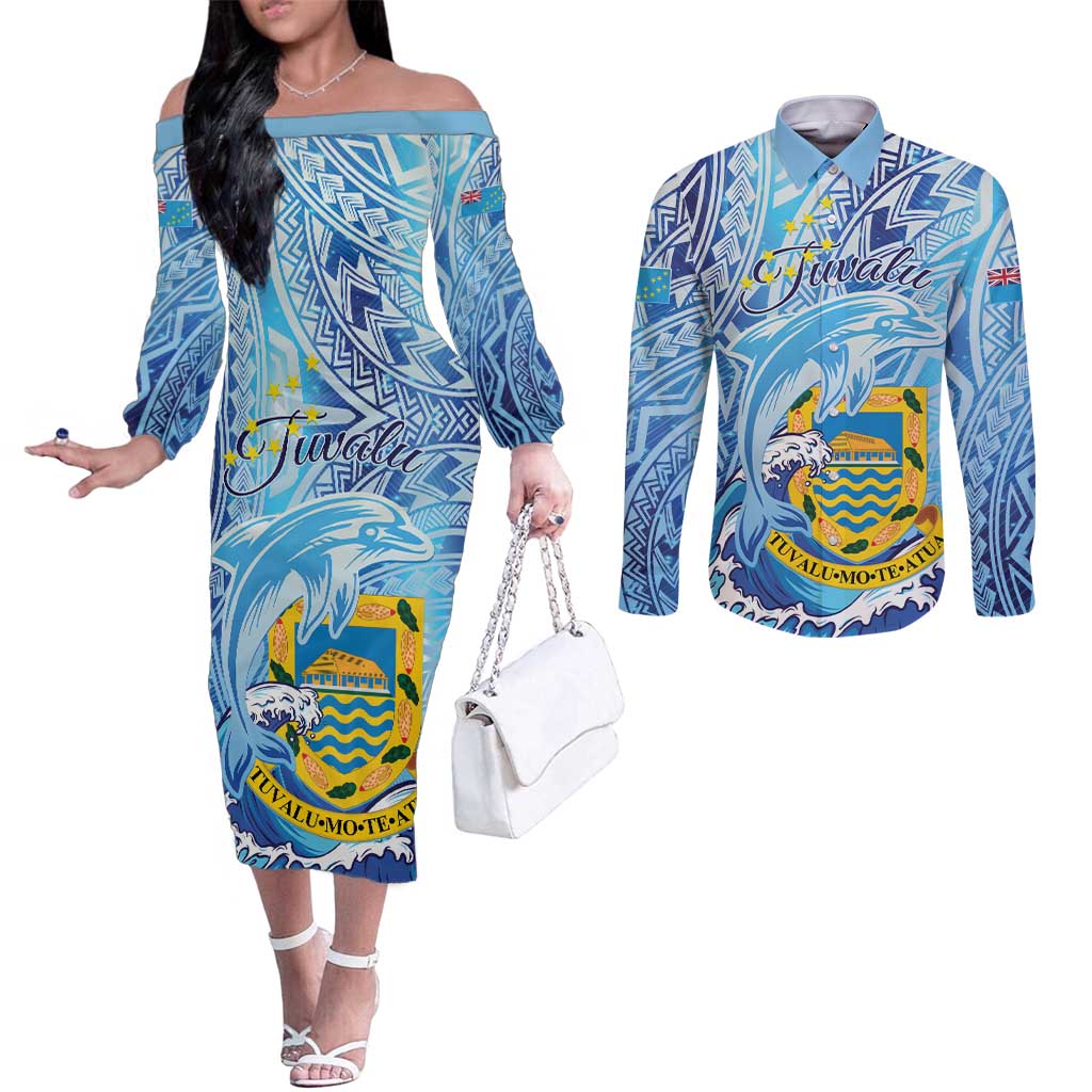 Tuvalu mo te Atua Couples Matching Off The Shoulder Long Sleeve Dress and Long Sleeve Button Shirt Tuvalu Dolphin Polynesian Pattern LT01 Blue - Polynesian Pride
