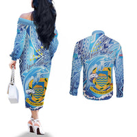 Tuvalu mo te Atua Couples Matching Off The Shoulder Long Sleeve Dress and Long Sleeve Button Shirt Tuvalu Dolphin Polynesian Pattern LT01 - Polynesian Pride