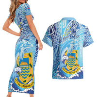 Tuvalu mo te Atua Couples Matching Short Sleeve Bodycon Dress and Hawaiian Shirt Tuvalu Dolphin Polynesian Pattern