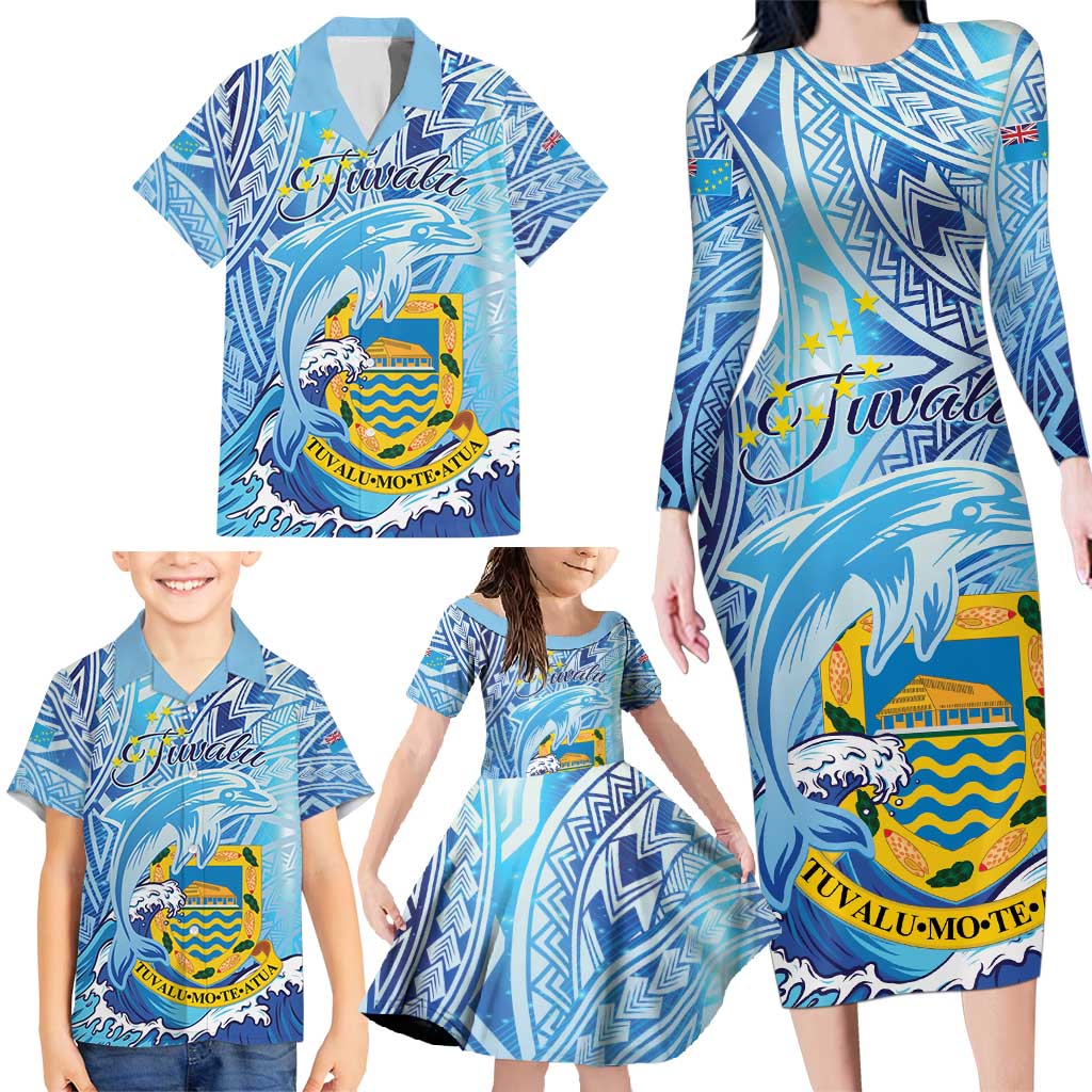 Tuvalu mo te Atua Family Matching Long Sleeve Bodycon Dress and Hawaiian Shirt Tuvalu Dolphin Polynesian Pattern