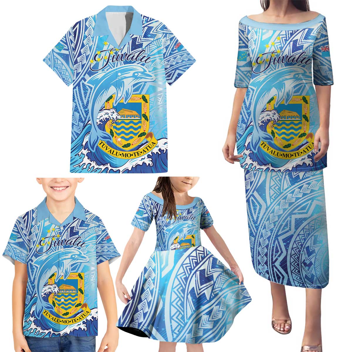 Tuvalu mo te Atua Family Matching Puletasi and Hawaiian Shirt Tuvalu Dolphin Polynesian Pattern