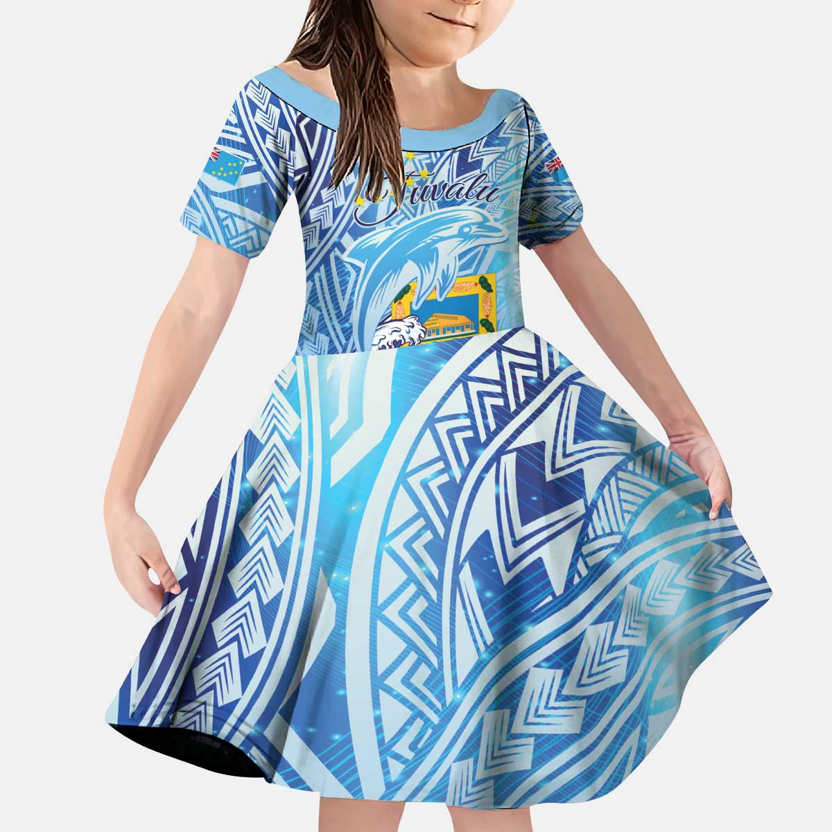 Tuvalu mo te Atua Kid Short Sleeve Dress Tuvalu Dolphin Polynesian Pattern