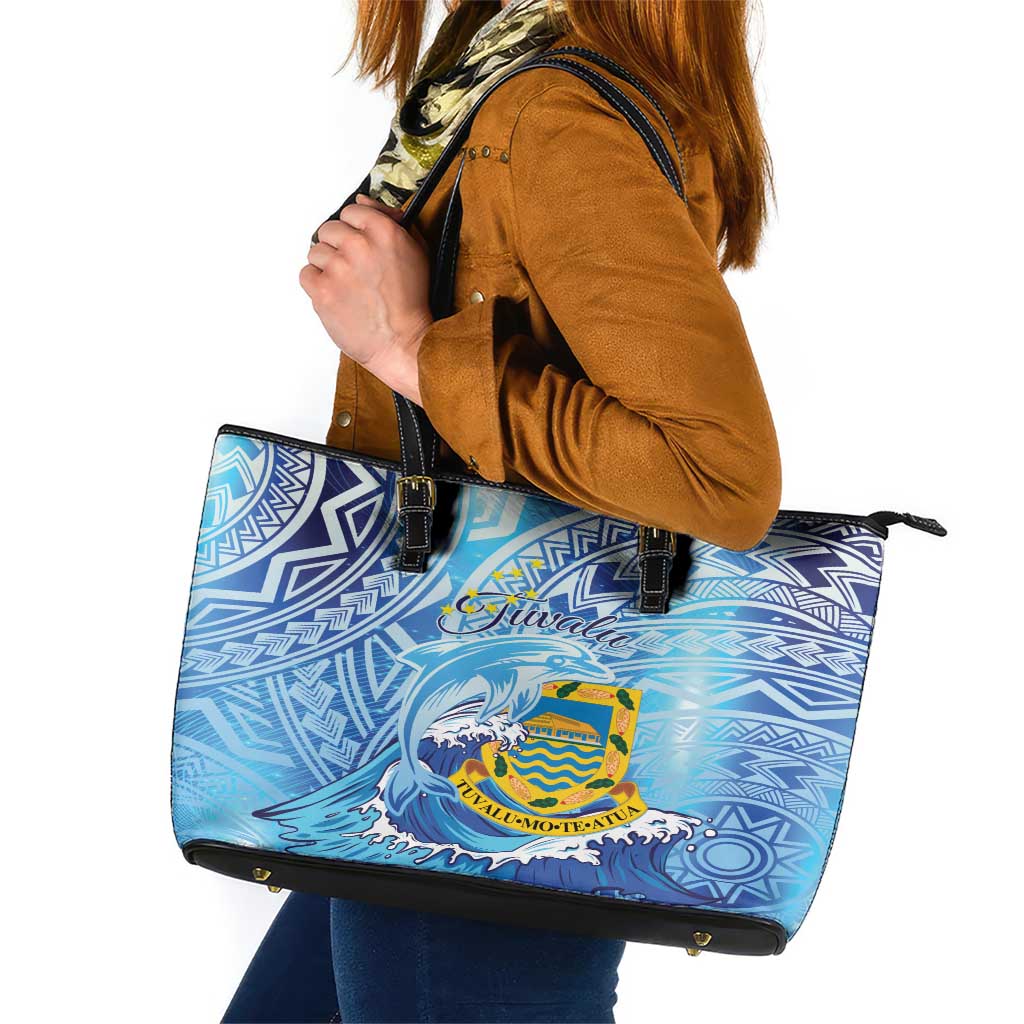 Tuvalu mo te Atua Leather Tote Bag Tuvalu Dolphin Polynesian Pattern