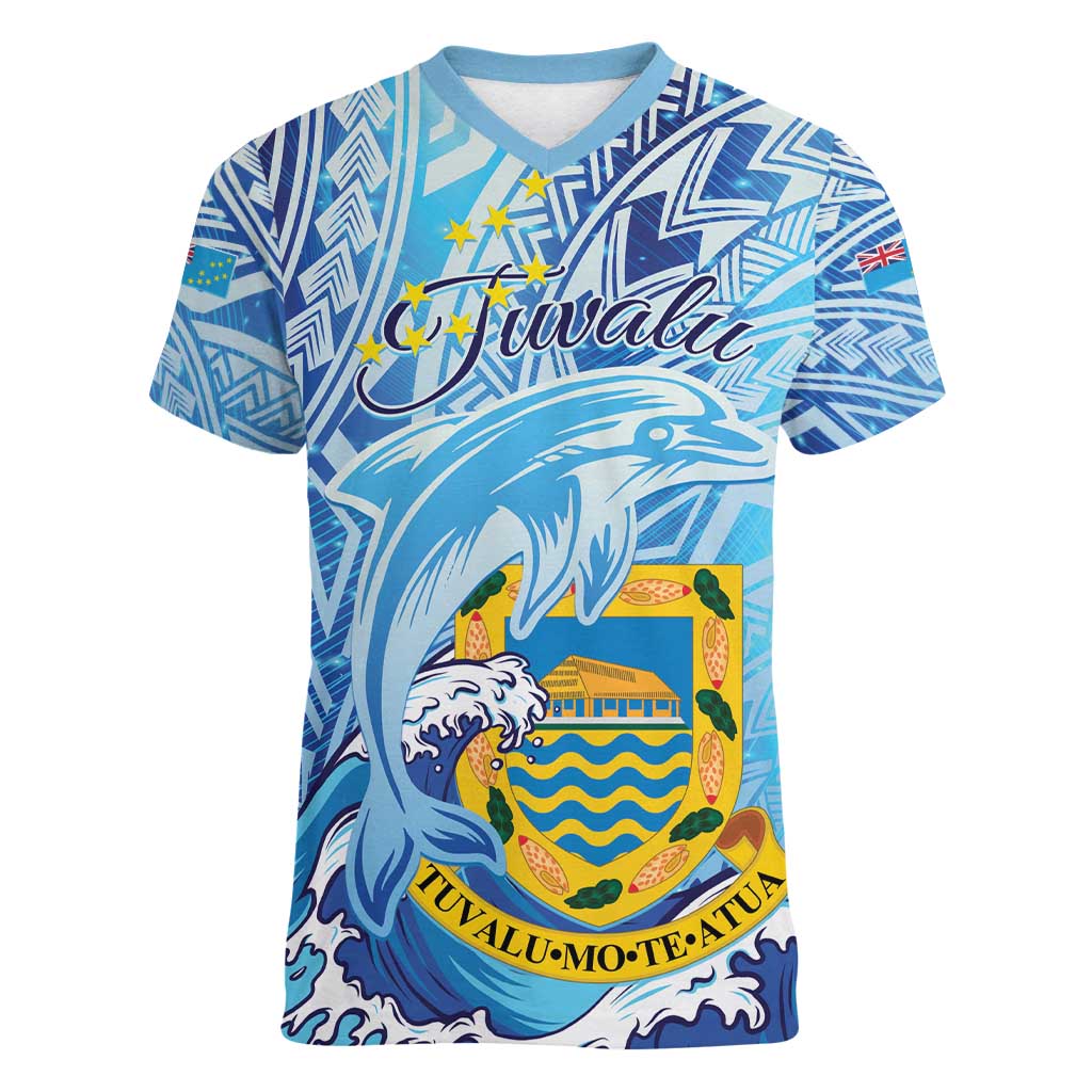 Tuvalu mo te Atua Women V-Neck T-Shirt Tuvalu Dolphin Polynesian Pattern