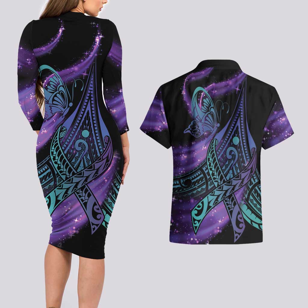 In September We Wear Teal And Purple Couples Matching Long Sleeve Bodycon Dress and Hawaiian Shirt Magic Ribbon Semicolon