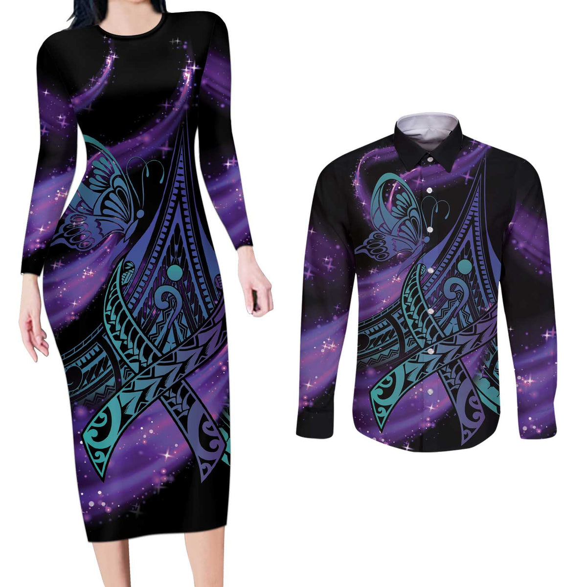 In September We Wear Teal And Purple Couples Matching Long Sleeve Bodycon Dress and Long Sleeve Button Shirt Magic Ribbon Semicolon LT01 Purple - Polynesian Pride