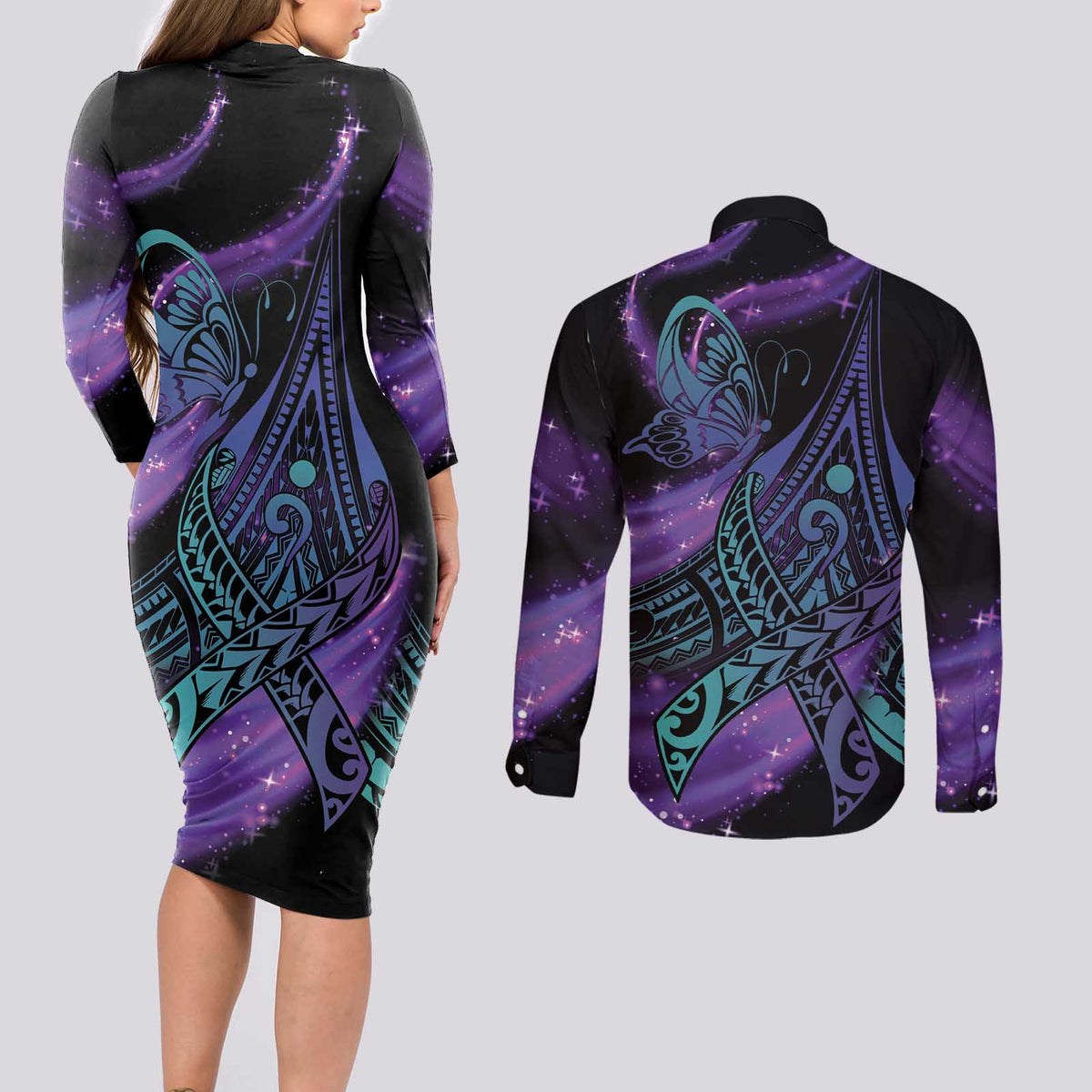 In September We Wear Teal And Purple Couples Matching Long Sleeve Bodycon Dress and Long Sleeve Button Shirt Magic Ribbon Semicolon LT01 - Polynesian Pride