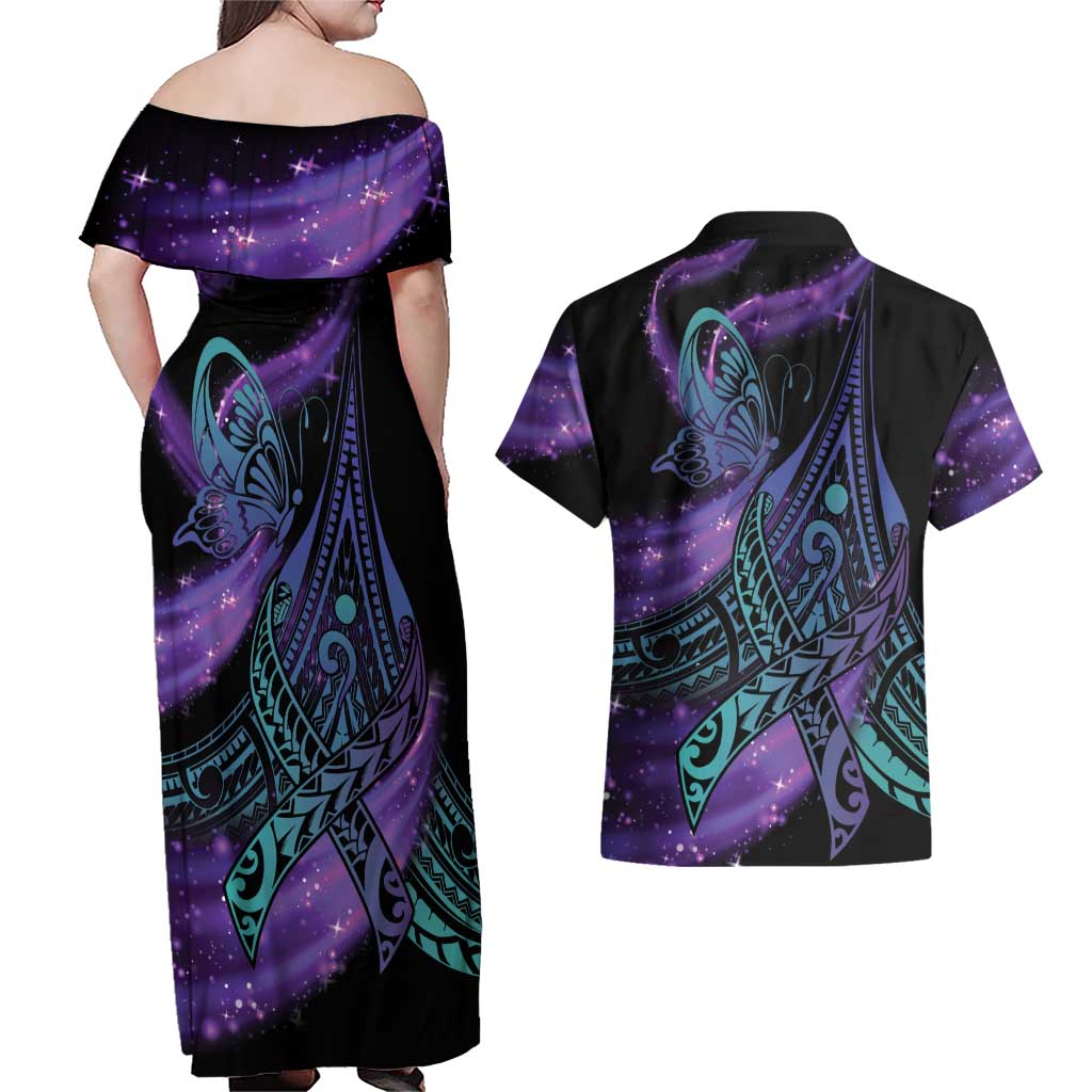 In September We Wear Teal And Purple Couples Matching Off Shoulder Maxi Dress and Hawaiian Shirt Magic Ribbon Semicolon