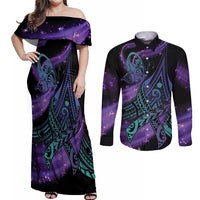 In September We Wear Teal And Purple Couples Matching Off Shoulder Maxi Dress and Long Sleeve Button Shirt Magic Ribbon Semicolon