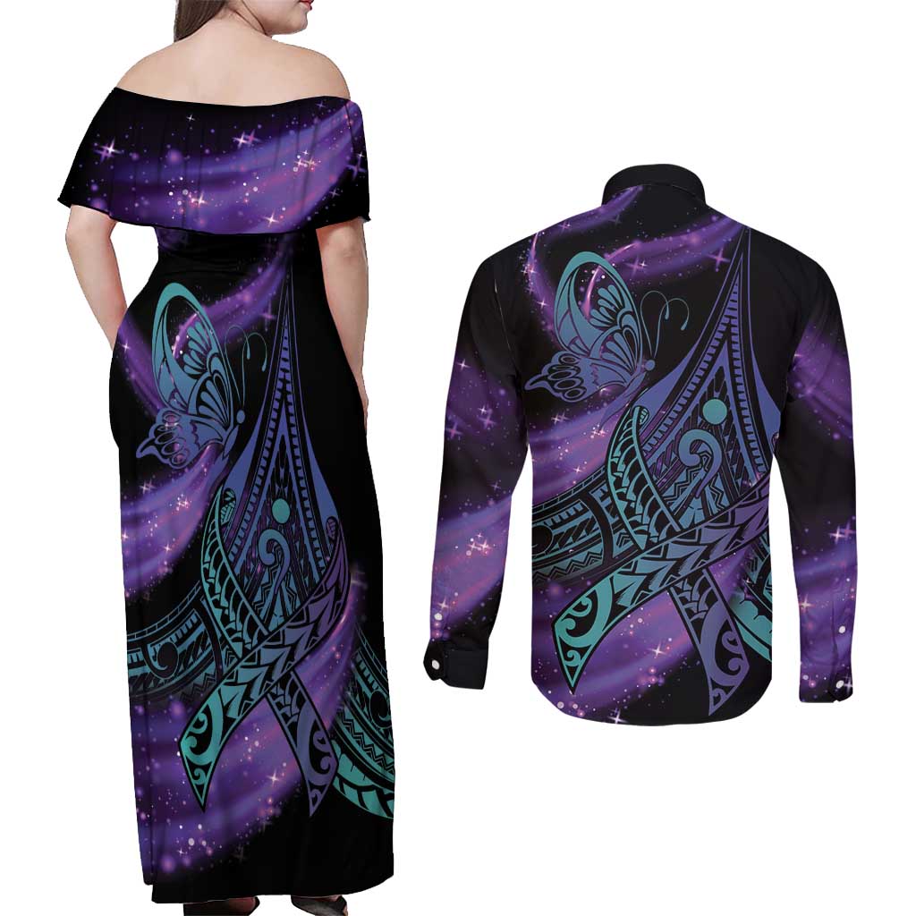 In September We Wear Teal And Purple Couples Matching Off Shoulder Maxi Dress and Long Sleeve Button Shirt Magic Ribbon Semicolon