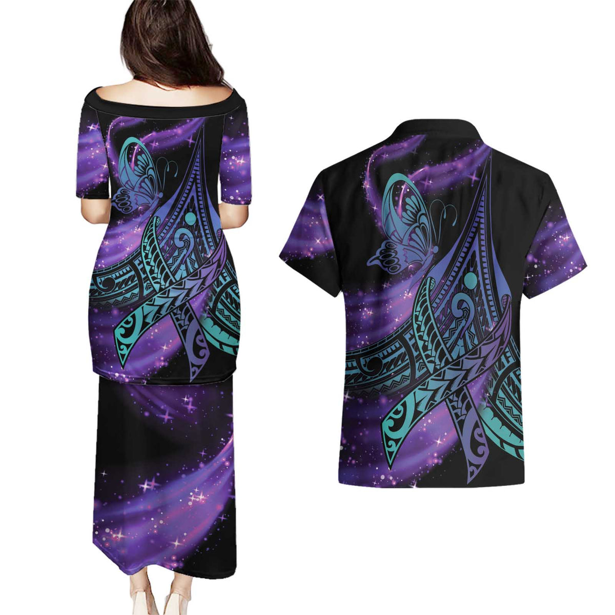 In September We Wear Teal And Purple Couples Matching Puletasi and Hawaiian Shirt Magic Ribbon Semicolon