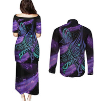 In September We Wear Teal And Purple Couples Matching Puletasi and Long Sleeve Button Shirt Magic Ribbon Semicolon