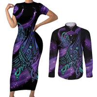 In September We Wear Teal And Purple Couples Matching Short Sleeve Bodycon Dress and Long Sleeve Button Shirt Magic Ribbon Semicolon LT01 Purple - Polynesian Pride