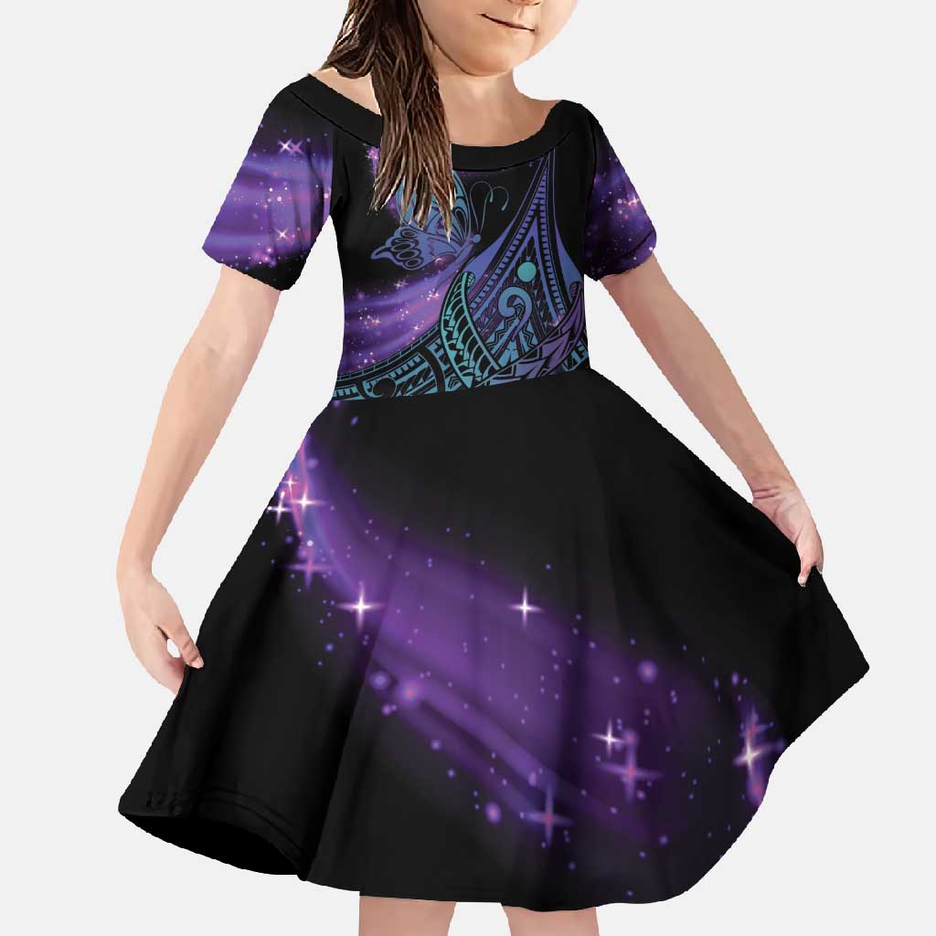 In September We Wear Teal And Purple Family Matching Long Sleeve Bodycon Dress and Hawaiian Shirt Magic Ribbon Semicolon LT01 Daughter's Dress Purple - Polynesian Pride