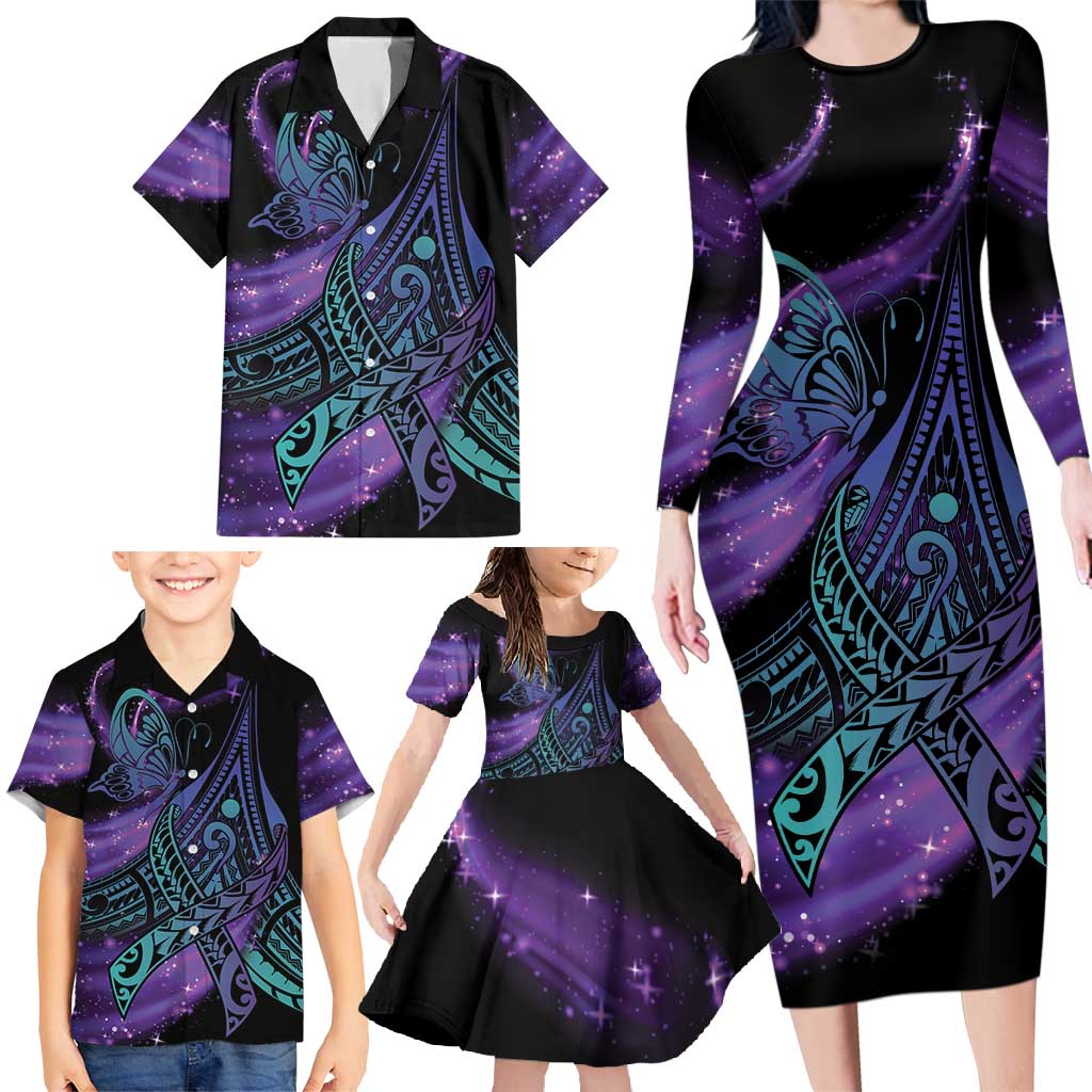 In September We Wear Teal And Purple Family Matching Long Sleeve Bodycon Dress and Hawaiian Shirt Magic Ribbon Semicolon LT01 - Polynesian Pride