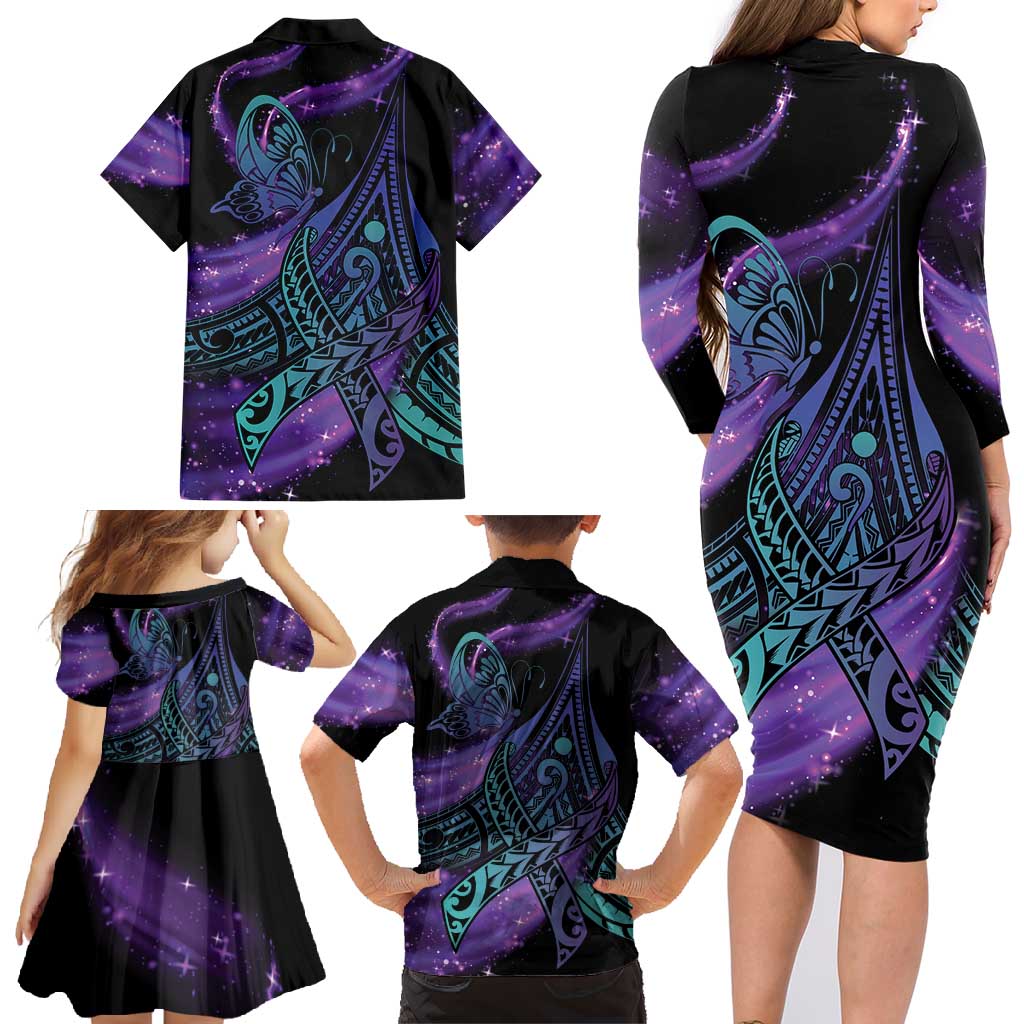 In September We Wear Teal And Purple Family Matching Long Sleeve Bodycon Dress and Hawaiian Shirt Magic Ribbon Semicolon LT01 - Polynesian Pride