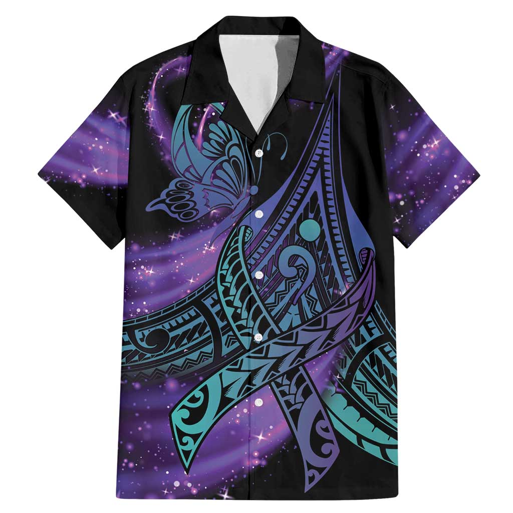 In September We Wear Teal And Purple Family Matching Mermaid Dress and Hawaiian Shirt Magic Ribbon Semicolon LT01 Dad's Shirt - Short Sleeve Purple - Polynesian Pride